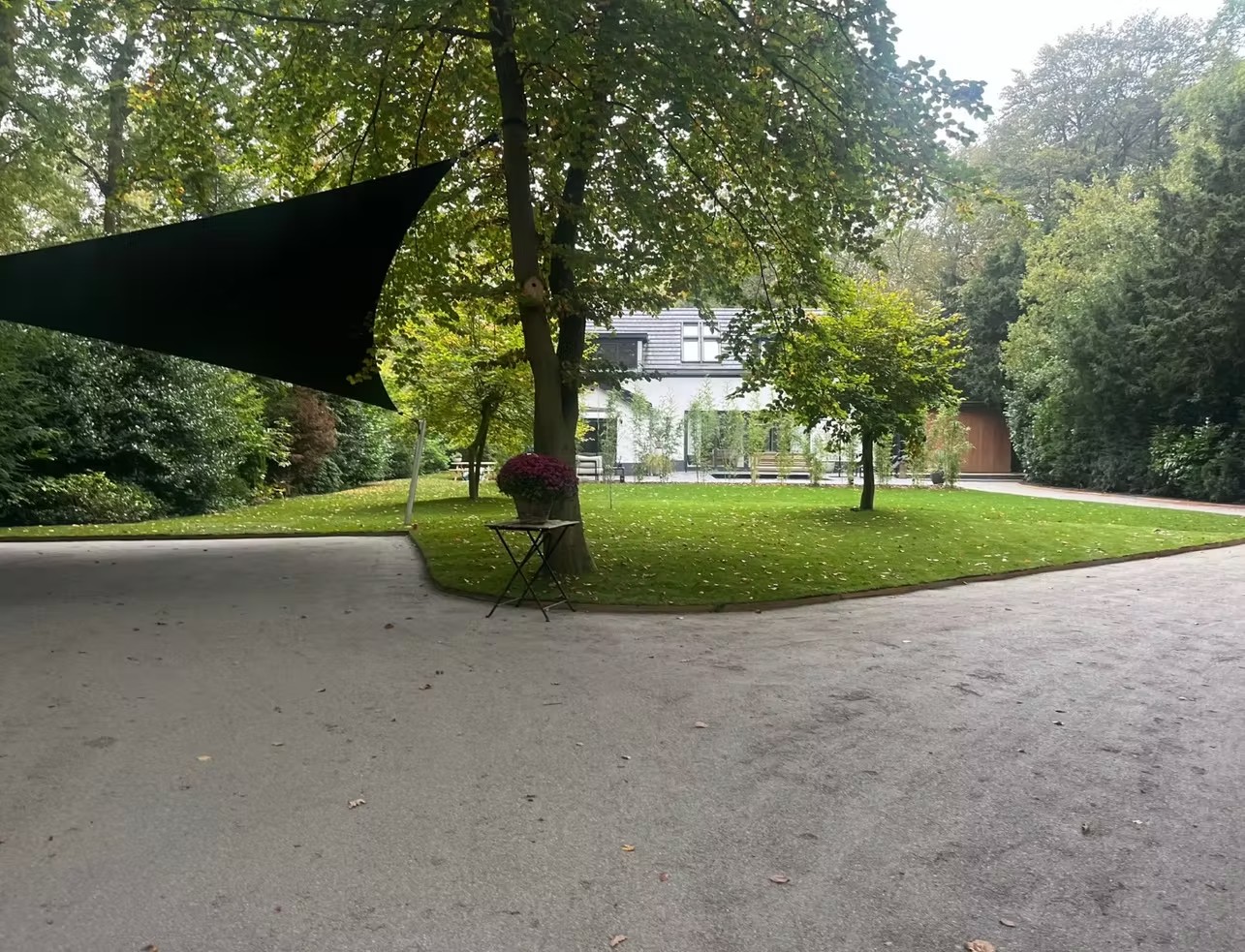 Ruime parkachtige tuin met volwassen beuk, strak gemaaid gazon en schaduwdoek, aangelegd door R.P. De Vries Tuinen